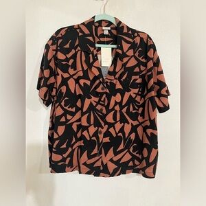 A new day linen blend NWT size XL, button-down shirt, brown, and black print